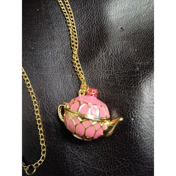 Teapot Locket Opens Pink Enamel Sparkly Cherry Necklace - Picture 6 of 9
